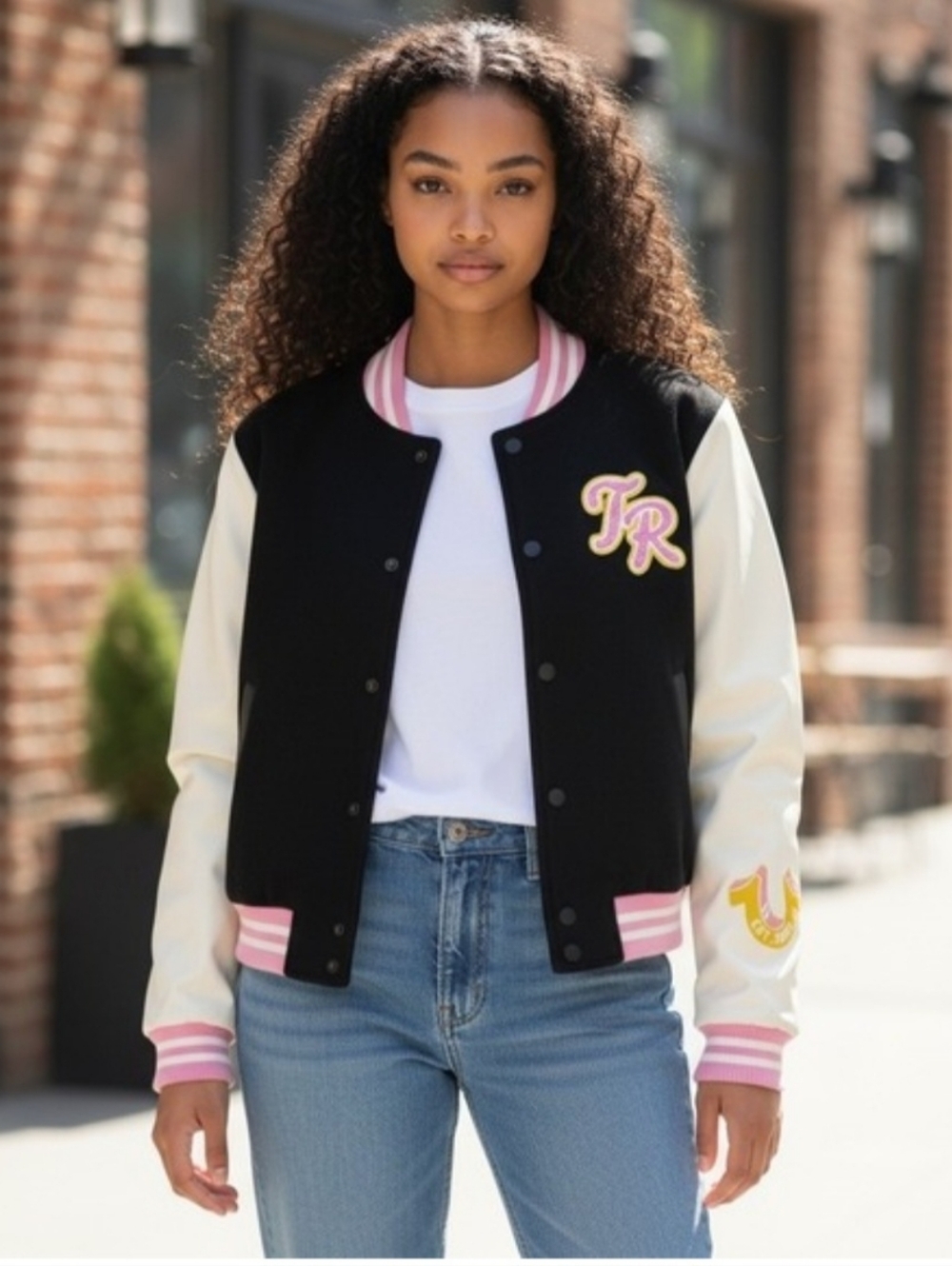 TRUE RELIGION Trendy Varsity Jacket Black, Pink & White LOGO Large - Picture 2 of 10